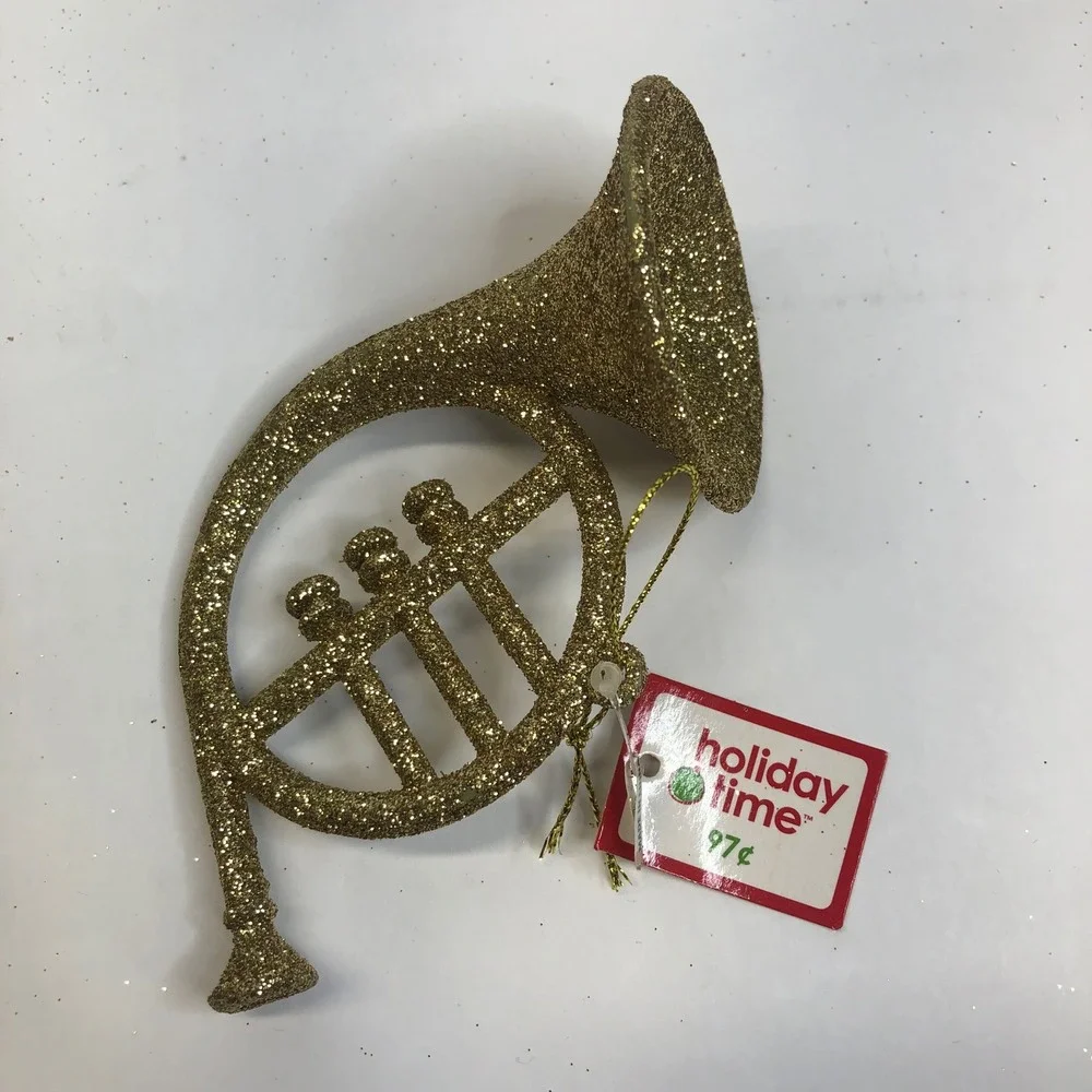 Holiday Time French Horn Christmas Ornament Gold Glitter Set of 10 New‎